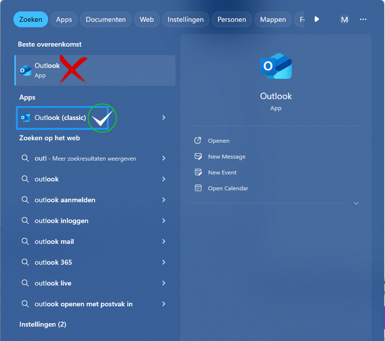 Screenshot showing that when you search for Outlook on your laptop, and then choose the one that says "Outlook (classic)" and not just only "Outlook".