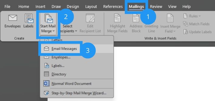 This is a screenshot of Word that shows that you have to click first on "Mailings" tab (you can see that all options of the Mailings tab are visible), secondly on "Start Mail Merge", a dropdown goes open, and finally you click on "Email Messages" in that dropdown.
