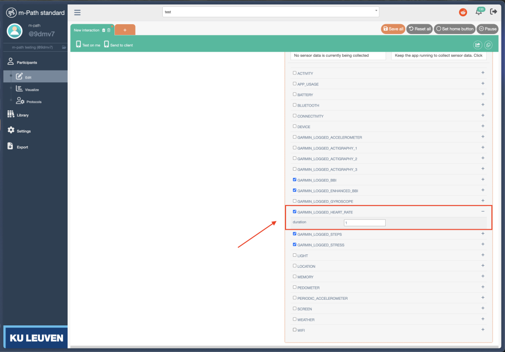 Sampling rate configuration in Garmin sensing setup